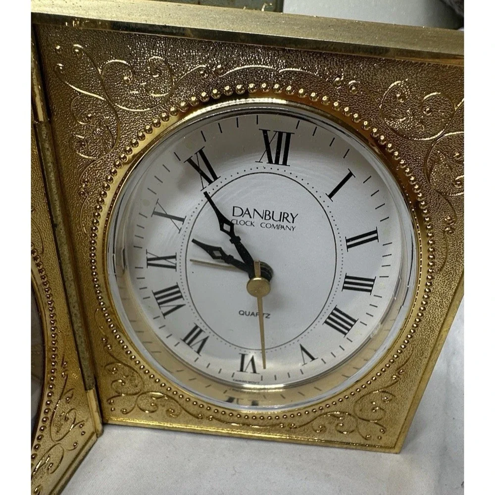 Vtg Danbury Clock Double Frame Gold Ornate Folds Up Alarm Hard to find